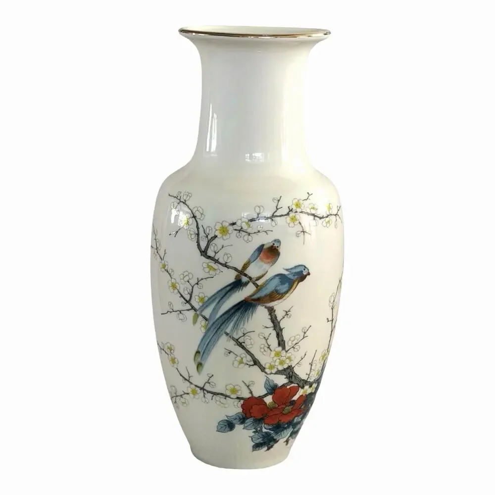 Vintage JAY White Porcelain Vase Fine China Handpainted Birds Gold Trim Japan